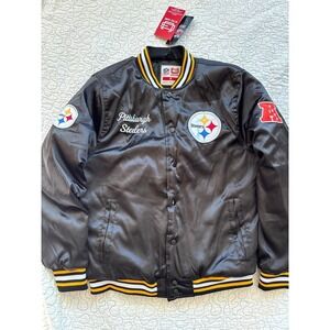 NFL Ultra Game Pittsburgh Steelers Black Satin Varsity Bomber Jacket Mens Medium